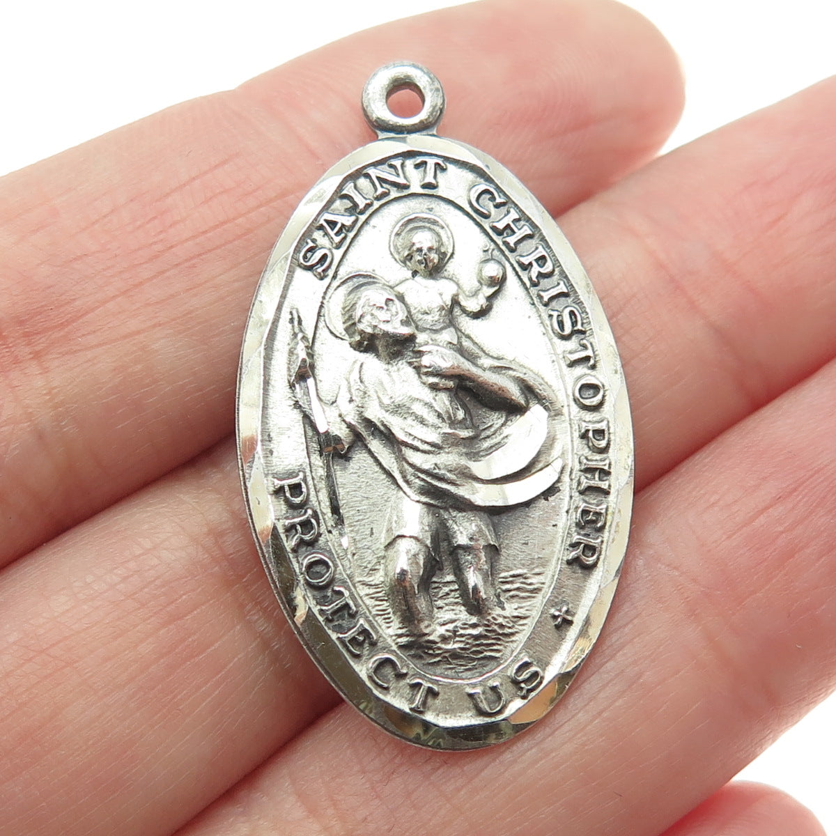 925 Sterling Silver Antique Art Deco St. Christopher Medal Religious Pendant