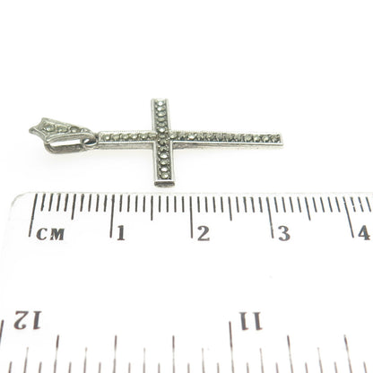 925 Sterling Silver Antique Art Deco Real Marcasite Gemstone Cross Pendant