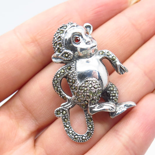 925 Sterling Silver Vintage Real Marcasite & Red Garnet Gem Monkey Pin Brooch