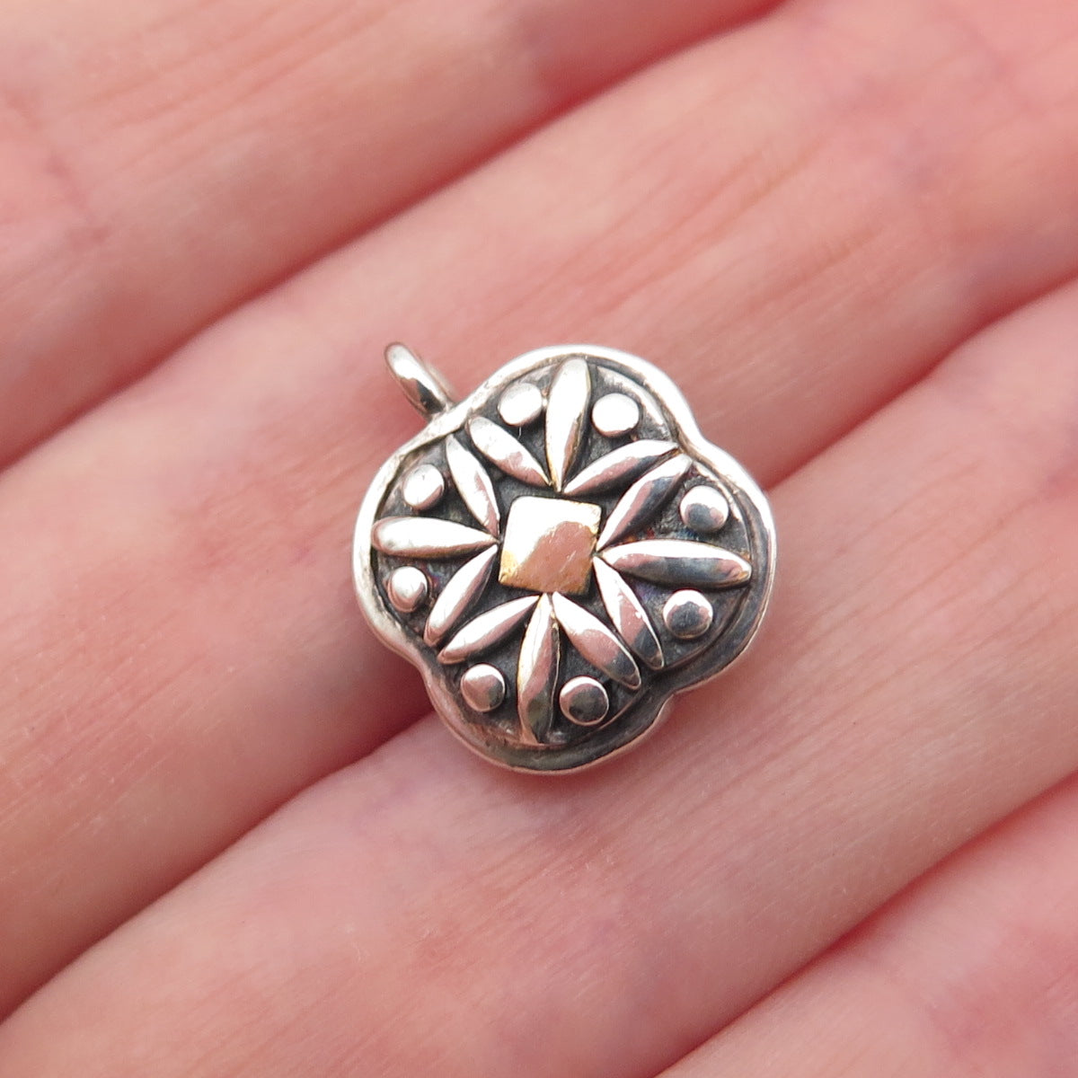 925 Sterling Silver 2-Tone Vintage Real Lapis Lazuli Floral Mini Charm Pendant