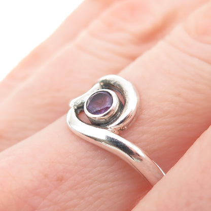 925 Sterling Silver Vintage Real Amethyst Modernist Swirl Ring Size 6.75