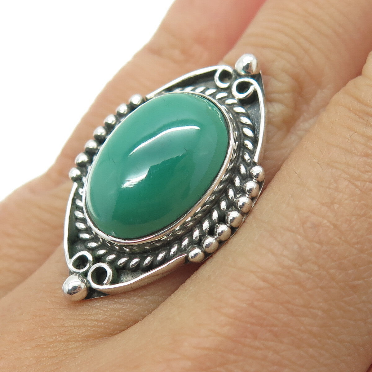 925 Sterling Silver Vintage Real Malachite Granulated Ring Size 6.25