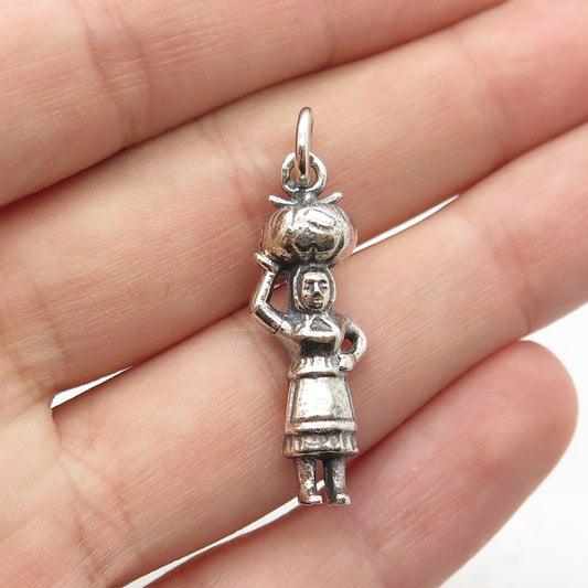 835 Silver Vintage Portugal Woman Carrying Basket on Head Charm Pendant