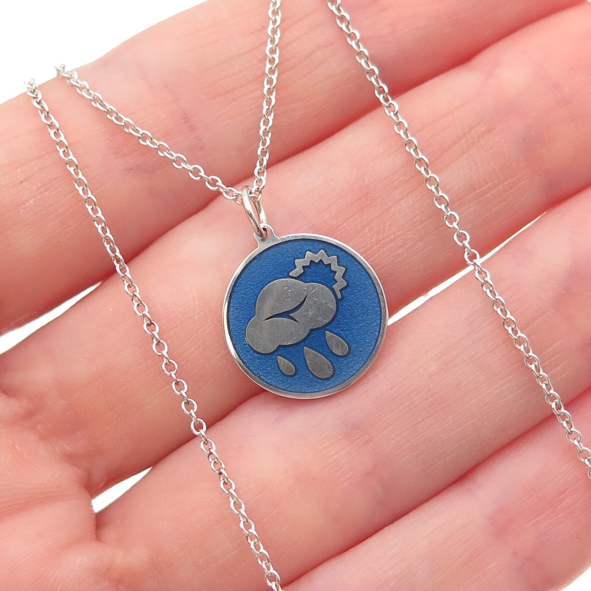 925 Sterling Silver Blue Enamel Rain Cloud Round Tag Cable Chain Necklace 18"