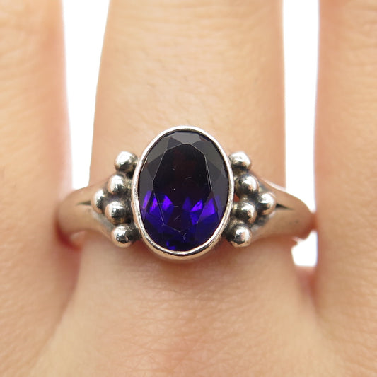 925 Sterling Silver Vintage Real Oval-Cut Amethyst Granulated Ring Size 7