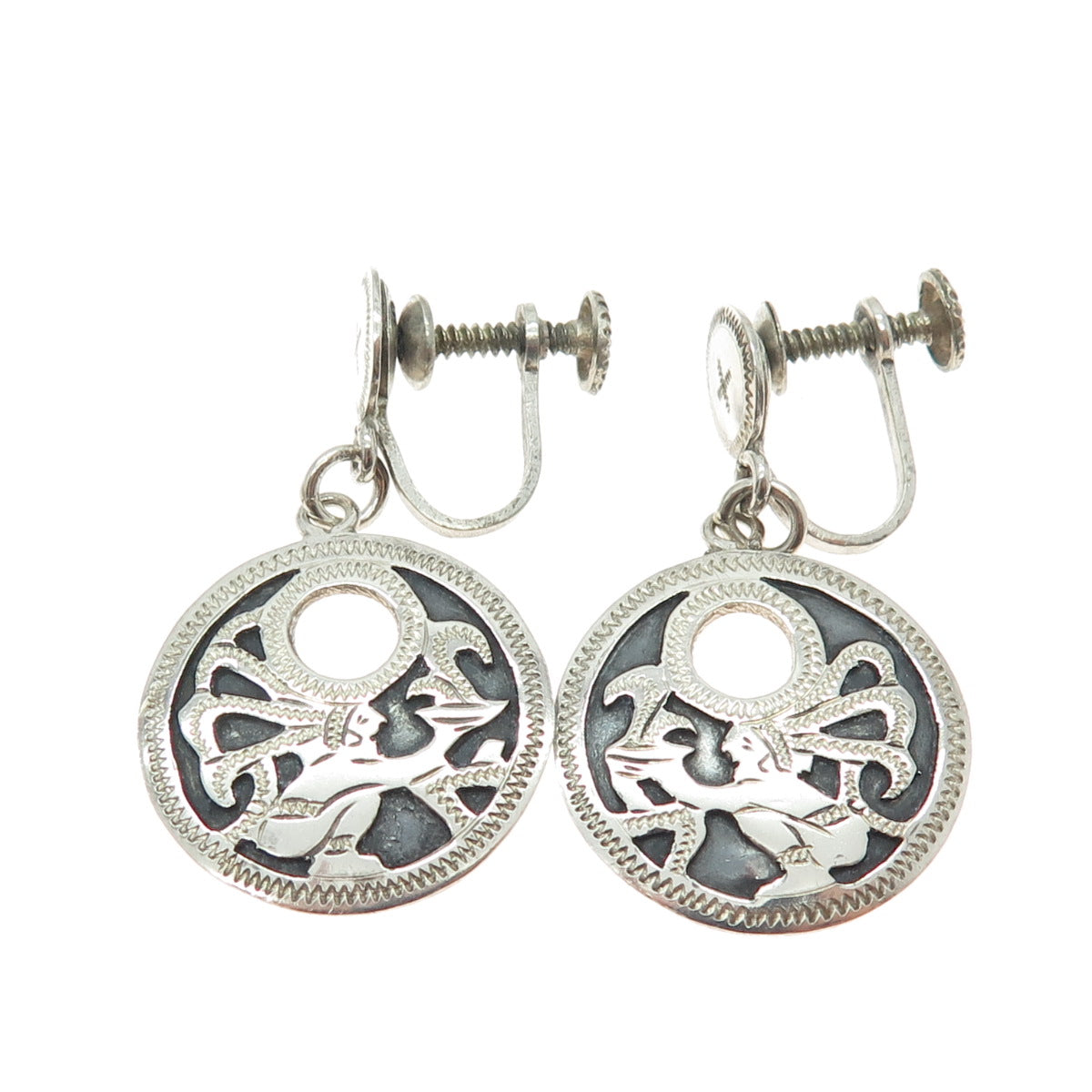 900 Silver Vintage Guatemala Tribal Warrior Oxidized Screw Back Earrings