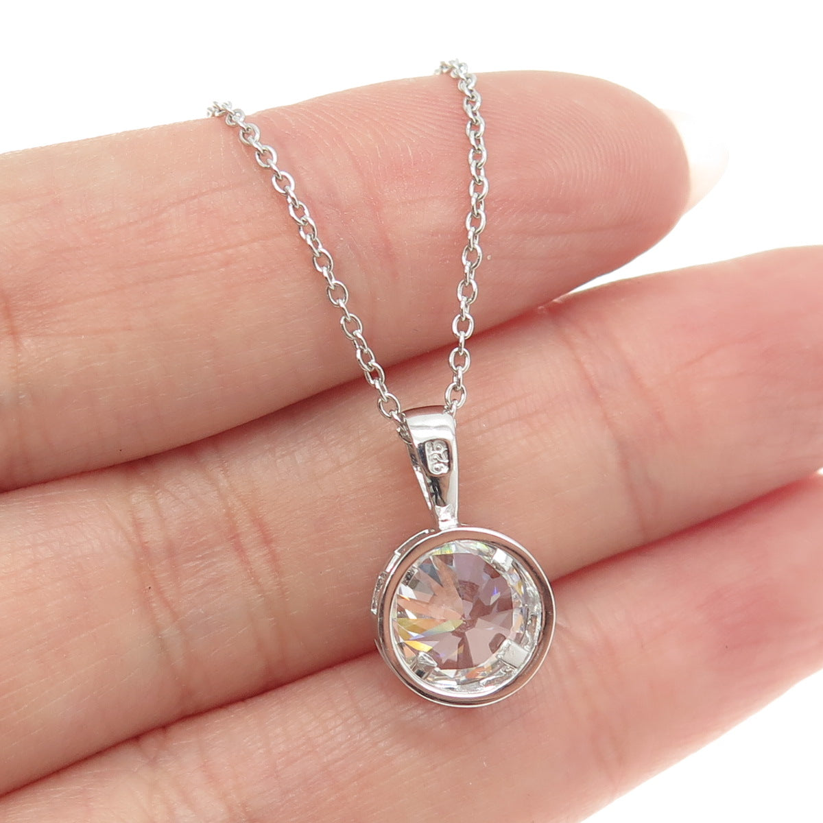 925 Sterling Silver Round-Cut Shaped C Z Pendant Rolo Chain Necklace 18"