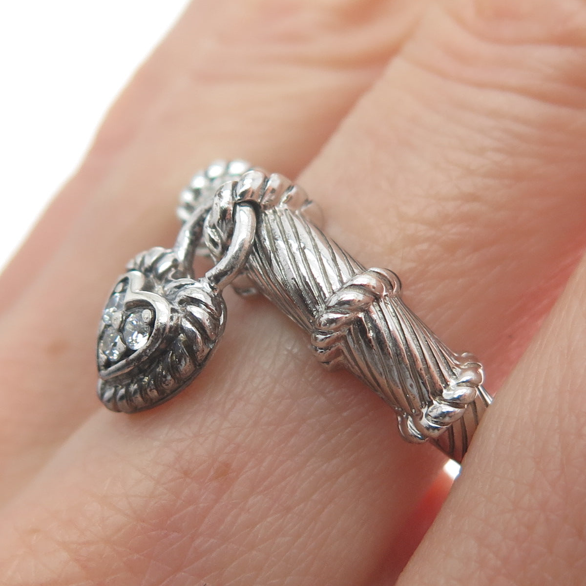 JUDITH RIPKA 925 Sterling Silver Round-Cut C Z Heart Charm Ring Size 10.25