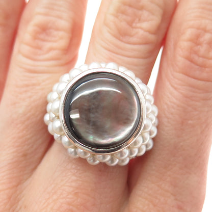 925 Sterling Silver Vintage Real Abalone Shell & Pearl Beaded Ring Size 8.5