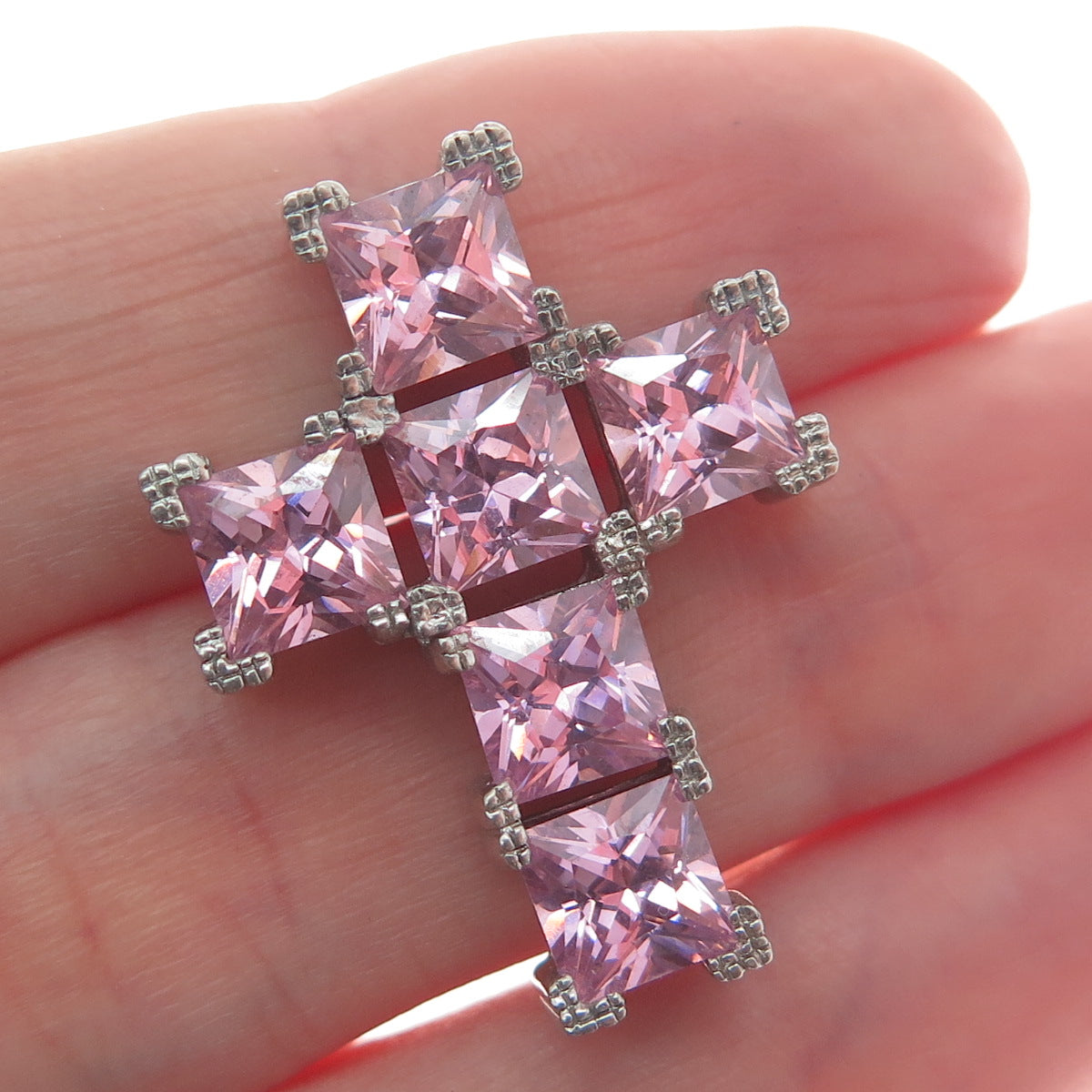 925 Sterling Silver Pink Princess-Cut Shaped C Z Cross Slide Pendant