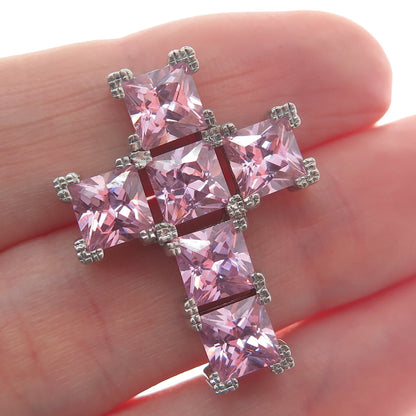 925 Sterling Silver Pink Princess-Cut Shaped C Z Cross Slide Pendant