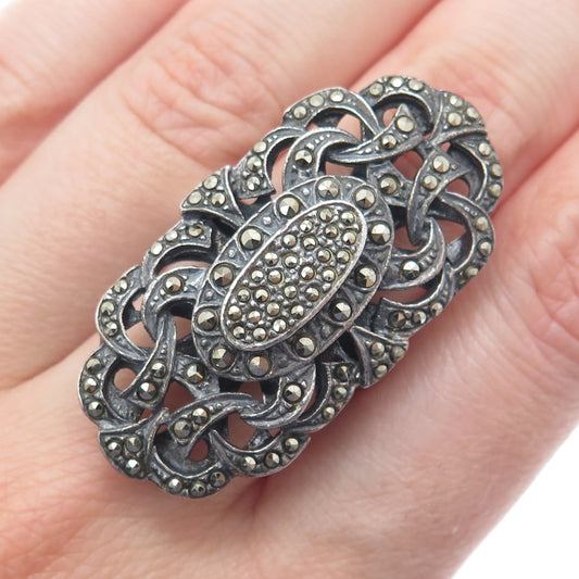 925 Sterling Silver Vintage Marcasite Art Deco Style Oxidized Ring Size 8.75