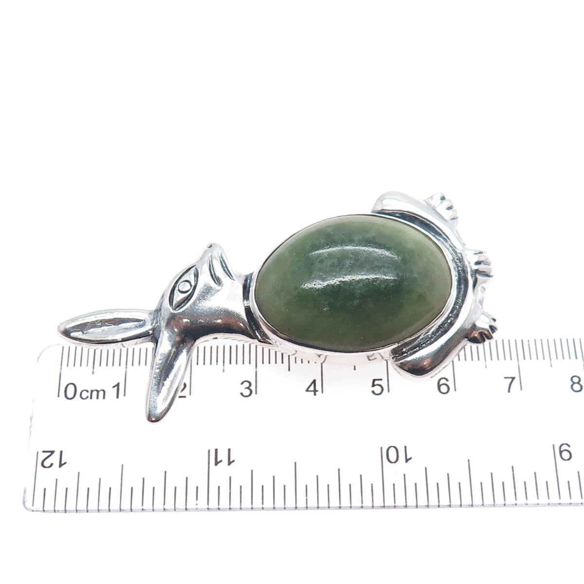 925 Sterling Silver Vintage Mexico Real Jade Rabbit Oxidized Pin Brooch
