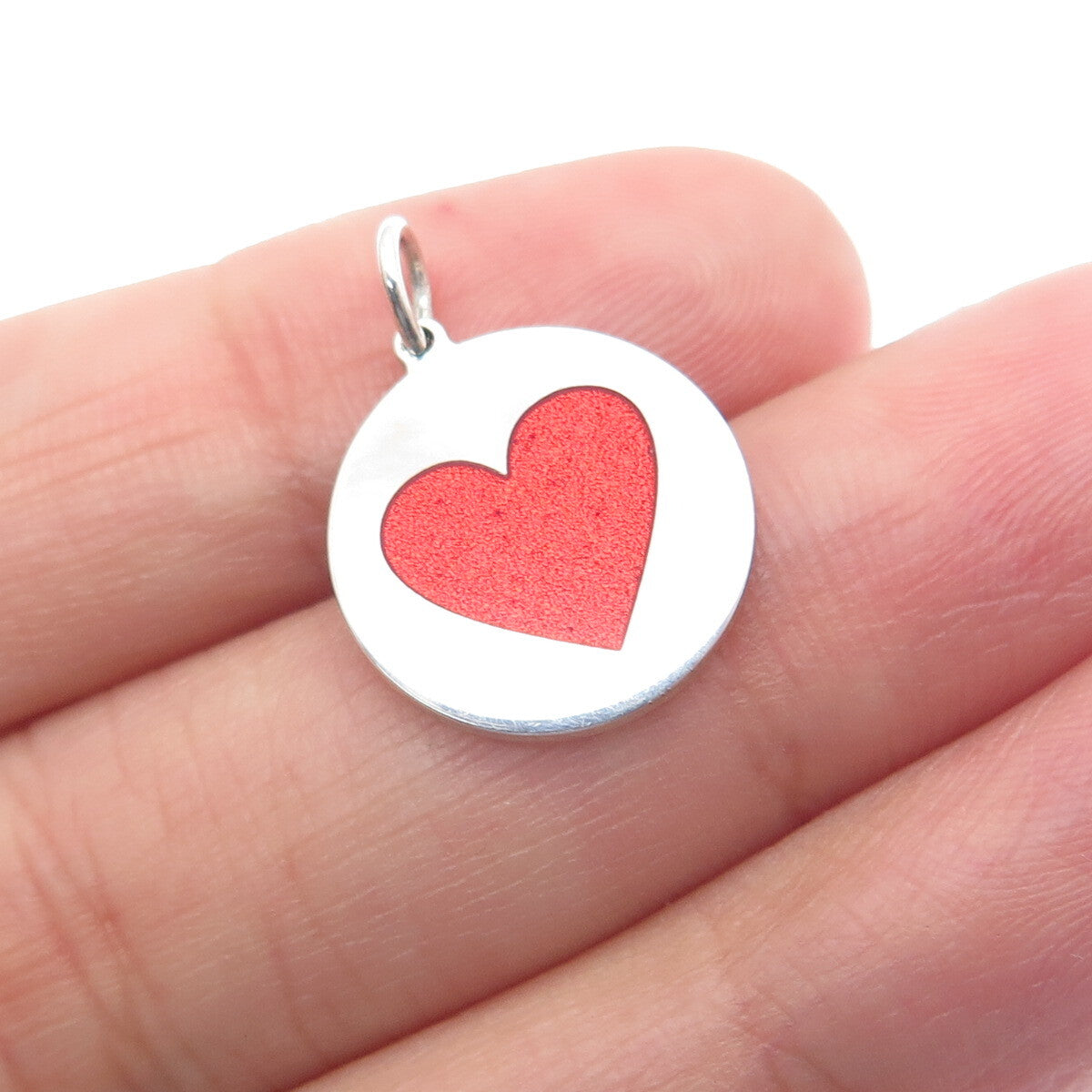 925 Sterling Silver Red Enamel Heart Round Tag Minimalist Charm Pendant