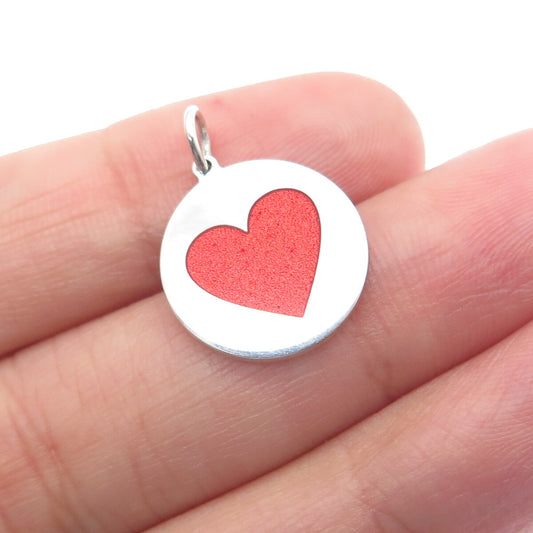 925 Sterling Silver Red Enamel Heart Round Tag Minimalist Charm Pendant