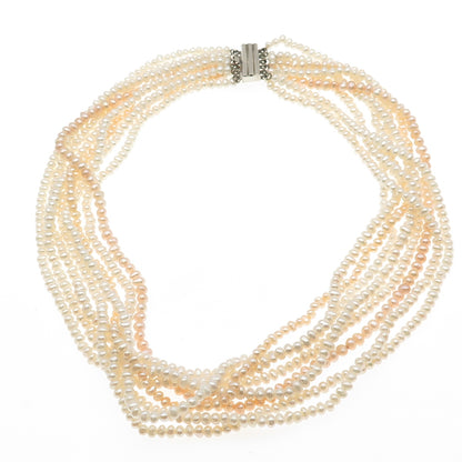 925 Sterling Silver Vintage Real Baroque Pearl 8-Strand Beaded Necklace 18"