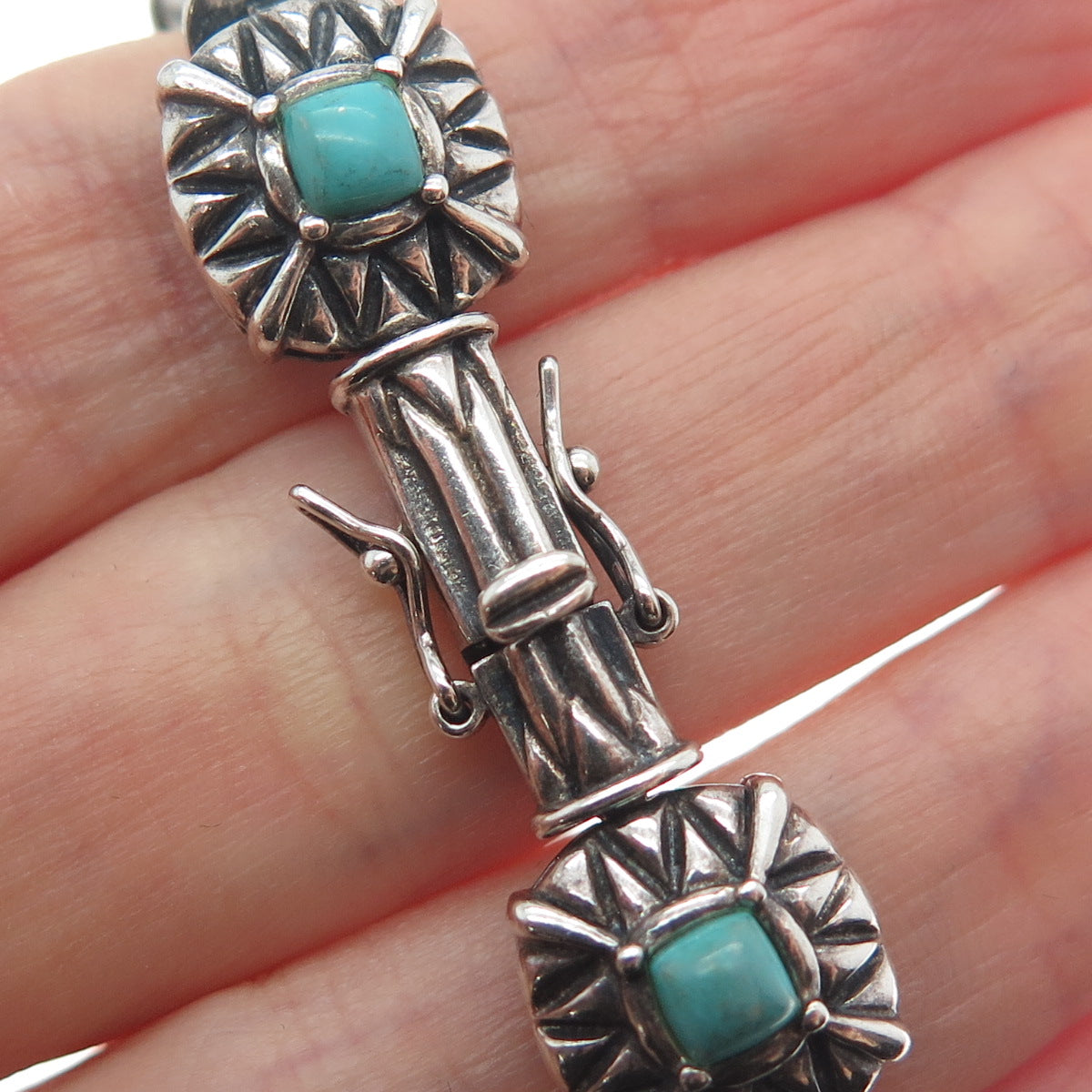 ROSS SIMONS 925 Sterling Silver Vintage Real Turquoise Station Bracelet 7.25"
