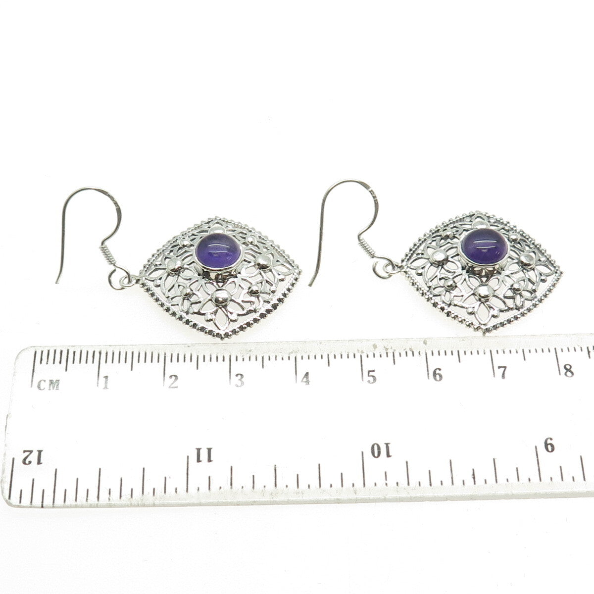 925 Sterling Silver Vintage Real Amethyst Flower Oxidized Dangle Earrings