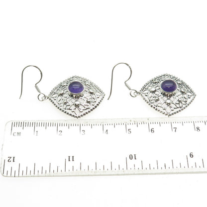 925 Sterling Silver Vintage Real Amethyst Flower Oxidized Dangle Earrings
