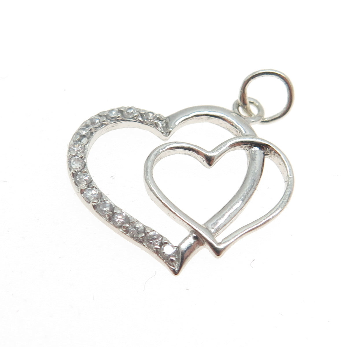 925 Sterling Silver Round-Cut C Z Double Heart Charm Pendant