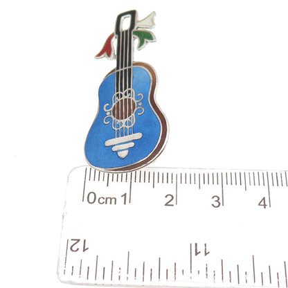 Jeronimo Fuentes 925 Sterling Silver Vintage Mexico Enamel Guitar Pin Brooch