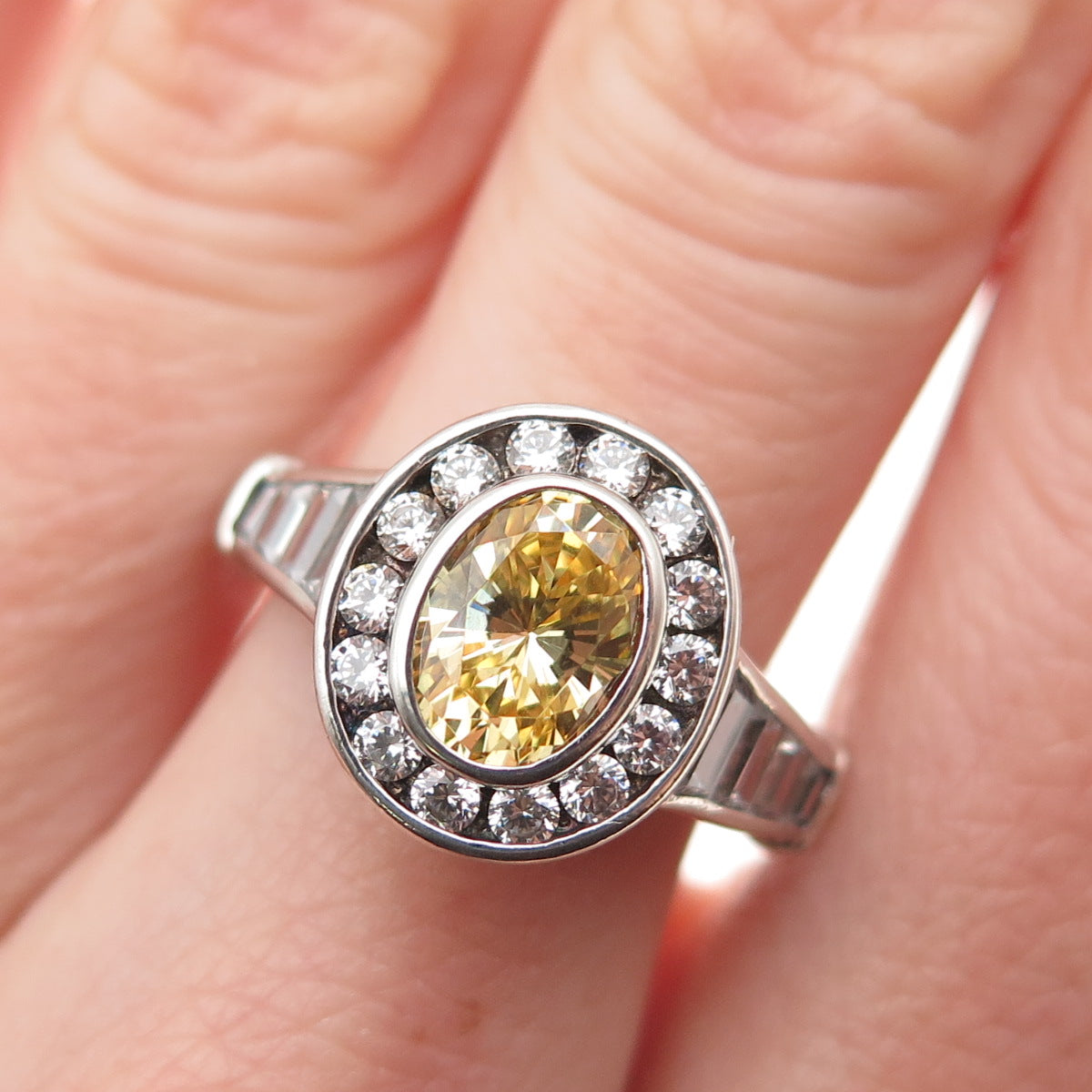 925 Sterling Silver Real Oval-Cut Citrine & C Z Ring Size 8