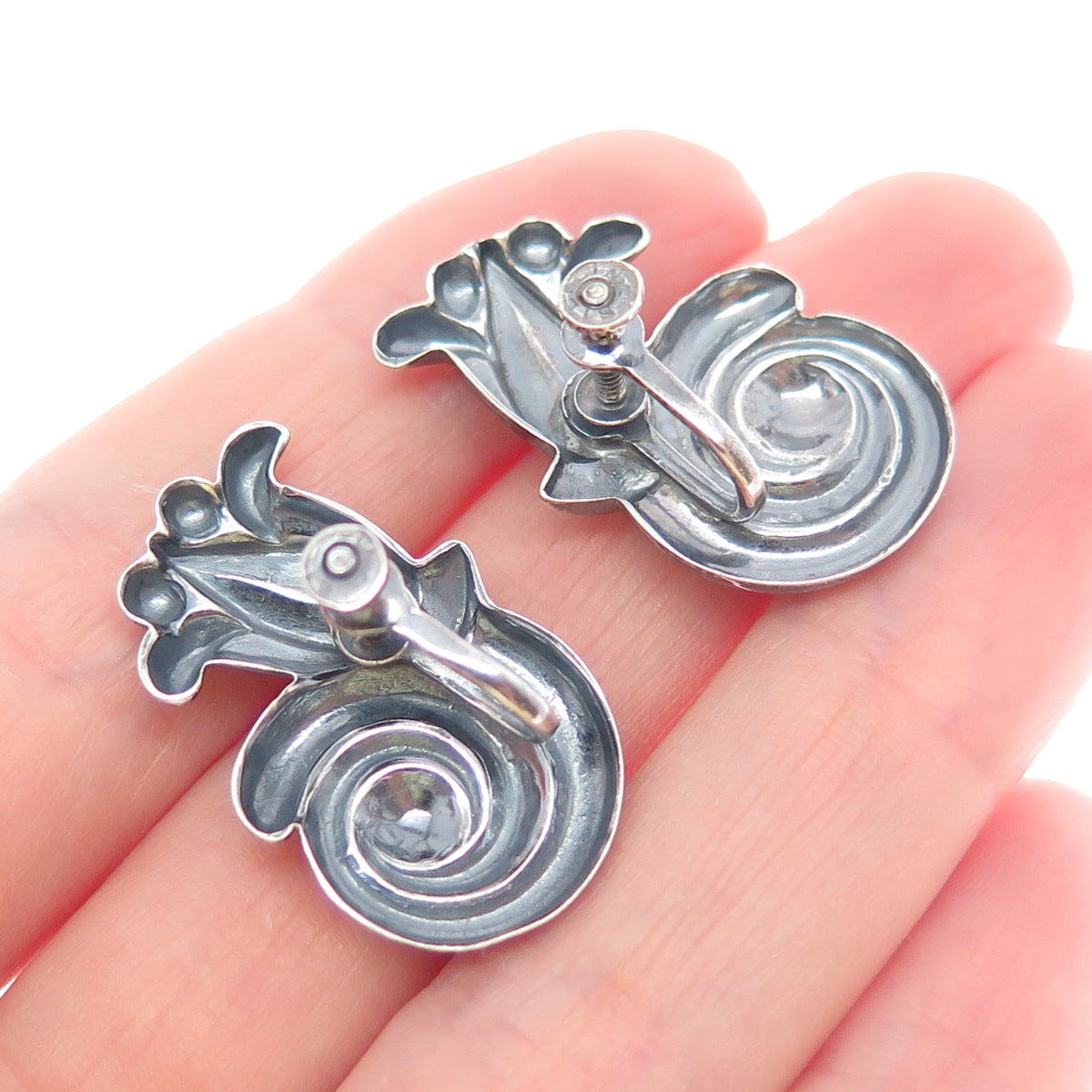 925 Sterling Silver Vintage Modernist Tulip Flower Oxidized Screw Back Earrings