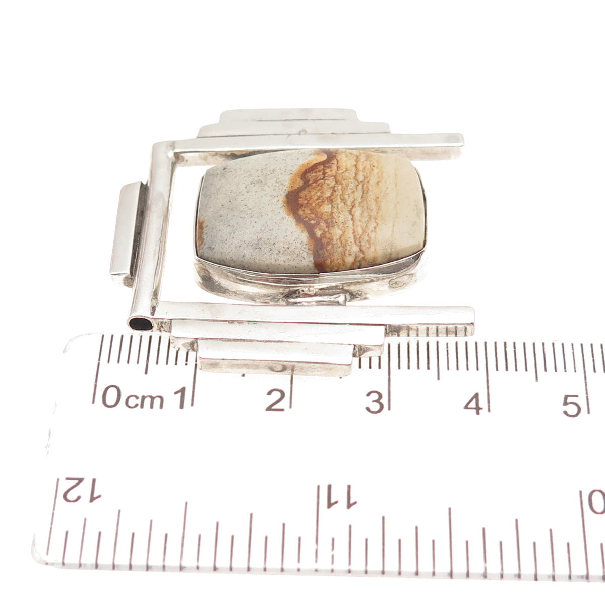 925 Sterling Silver Vintage Real Picture Jasper Modernist Slide Pendant