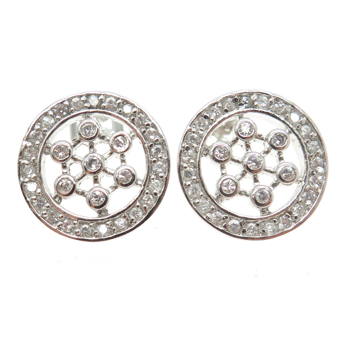 925 Sterling Silver Round-Cut C Z Floral Circle Stud Earrings