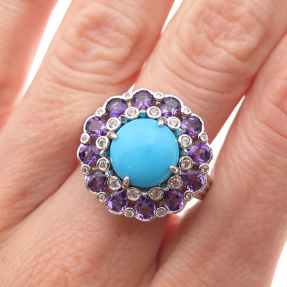 Chuck Clemency Sterling Silver Real Turquoise Amethyst & White Topaz Ring Size 8