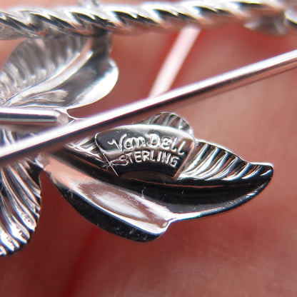 VAN DELL 925 Sterling Silver Vintage Floral Leaf Pin Brooch