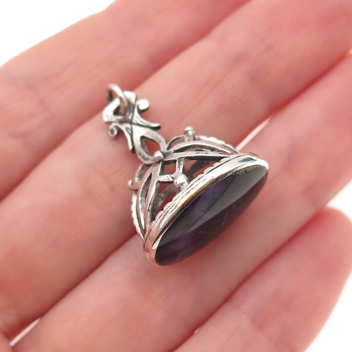 925 Sterling Silver Antique Victorian Real Amethyst Chatelaine Fob Charm Pendant