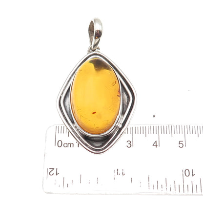 925 Sterling Silver Vintage Real Amber Modernist Oxidized Pendant