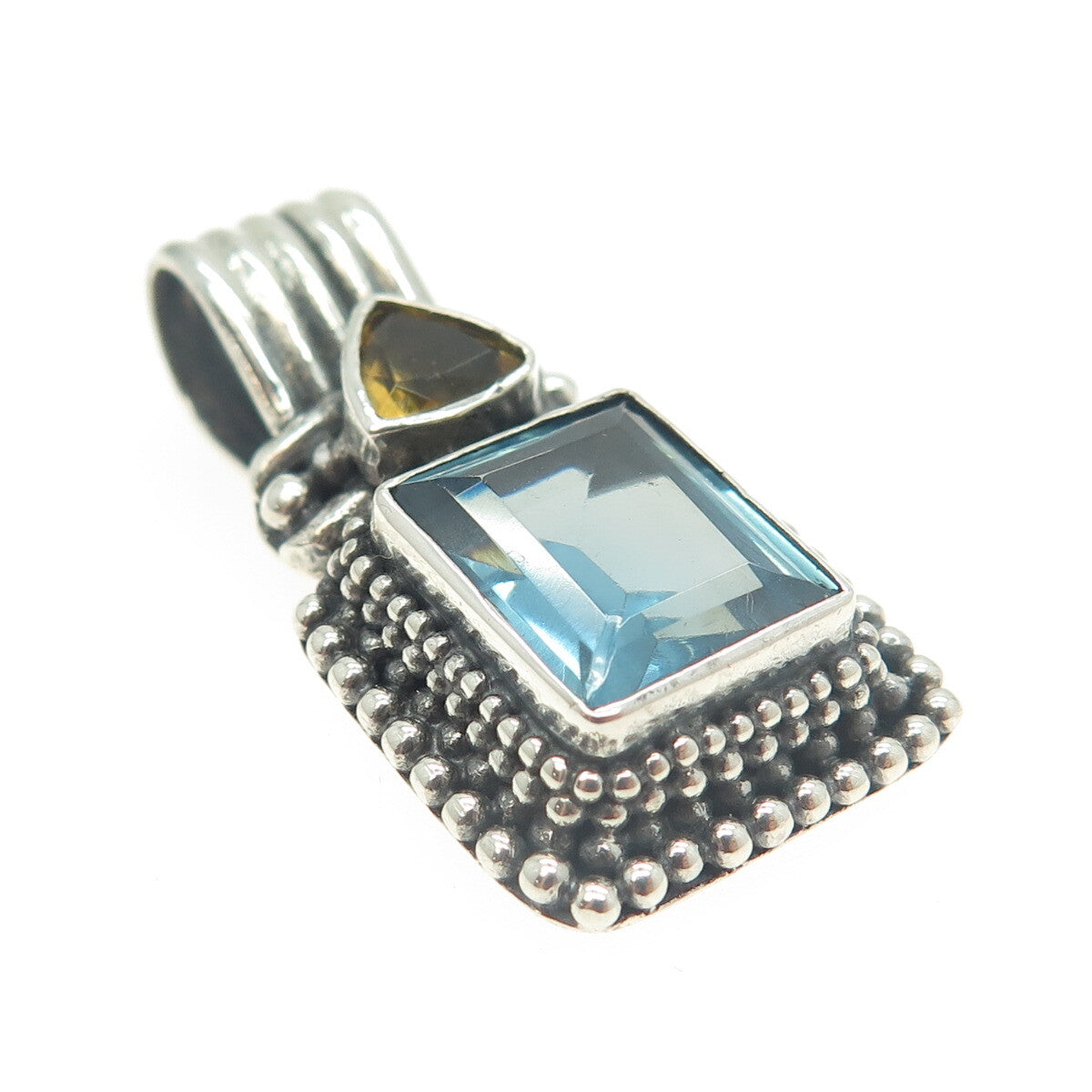 925 Sterling Silver Vintage Real Citrine & Blue Glass Granulated Pendant