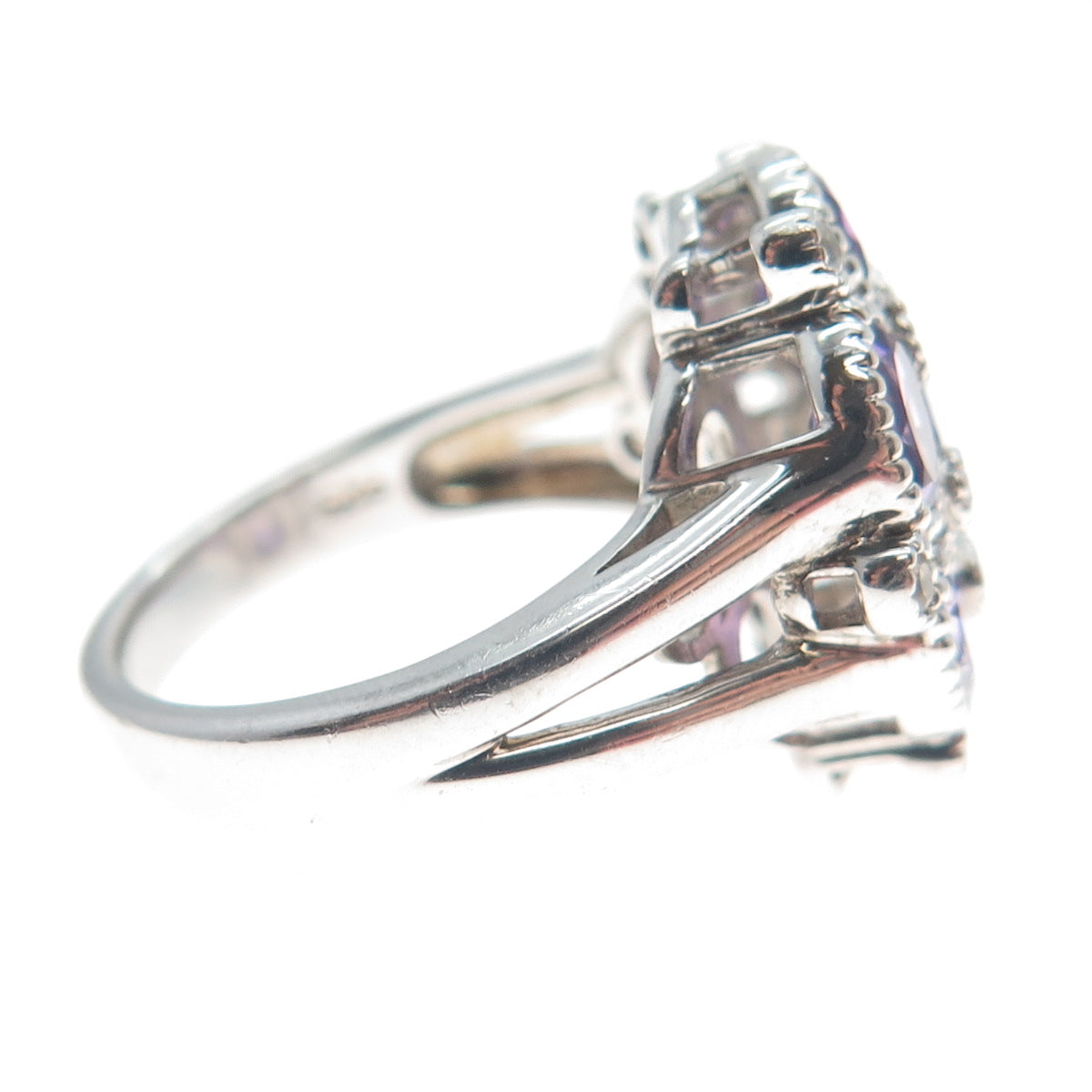 925 Sterling Silver Real Amethyst & White Topaz Gem Cluster Ring Size 7.25