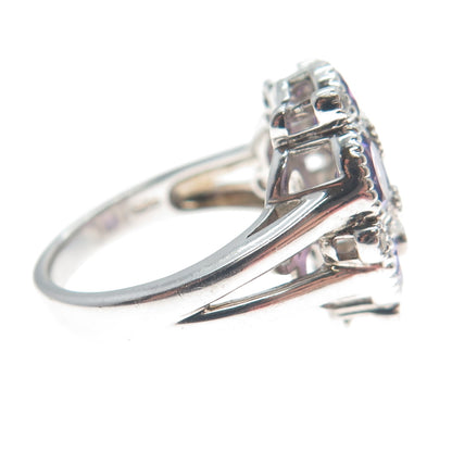 925 Sterling Silver Real Amethyst & White Topaz Gem Cluster Ring Size 7.25