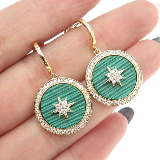 925 Sterling Silver Gold Plated Real Malachite & C Z North Star Earrings