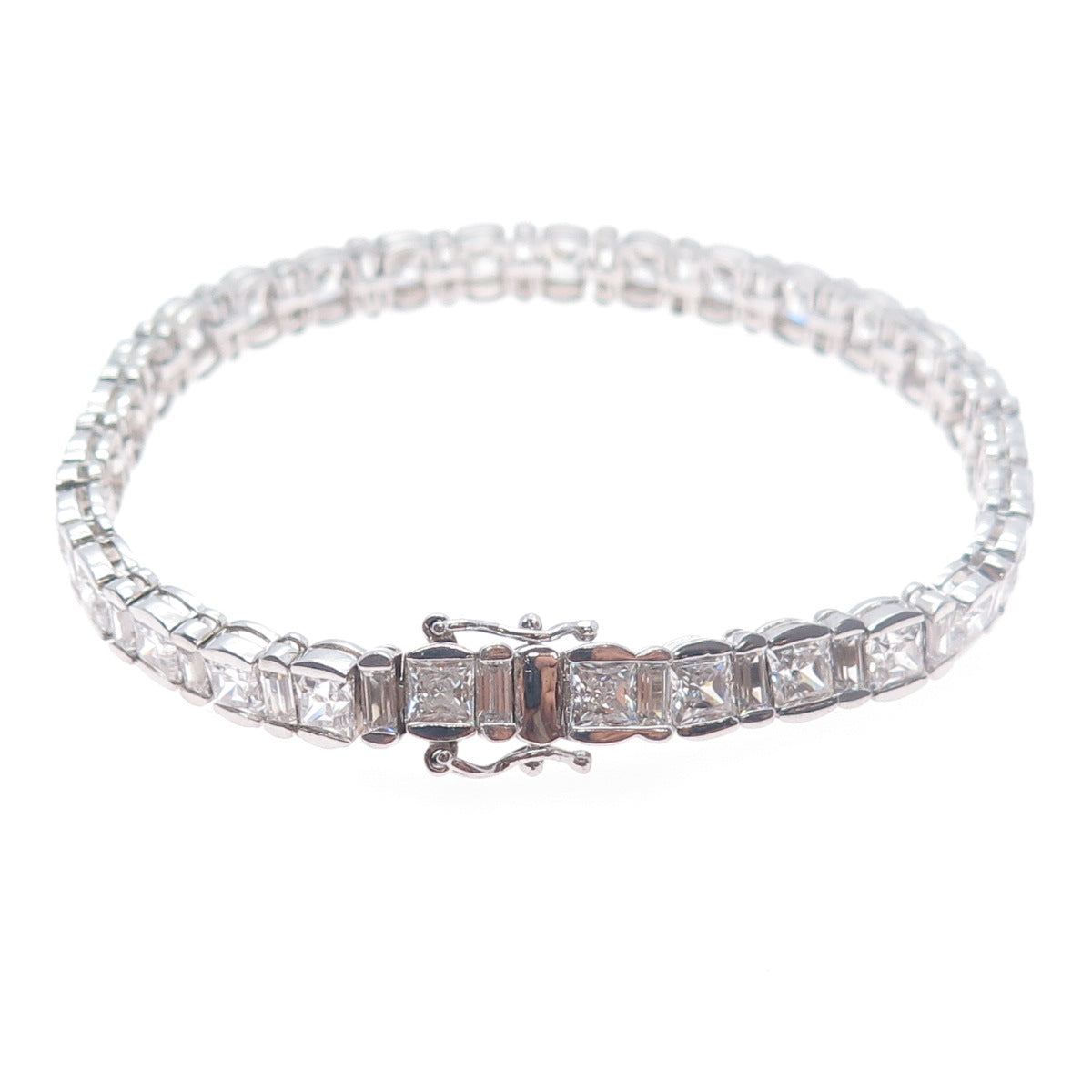MEDA 925 Sterling Silver Princess & Baguette-Cut C Z Tennis Link Bracelet 7.5"
