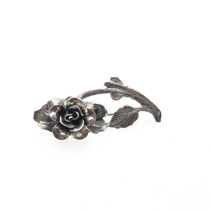 JEWELART 925 Sterling Silver Antique Art Deco Rose Flower Oxidized Pin Brooch