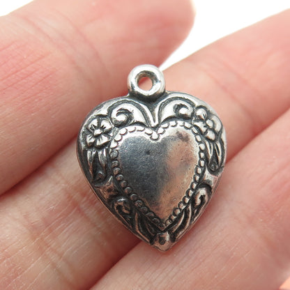 925 Sterling Silver Vintage Puffy Heart Ornate 3D Charm Pendant