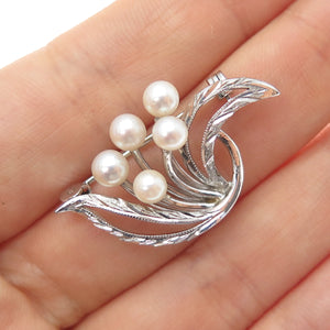 925 Sterling Silver Antique Art Deco Real Pearl Floral Pin Brooch