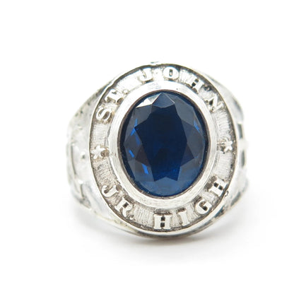 925 Sterling Silver Vintage 1972 Blue Glass "St. John" School Ring Size 6.5