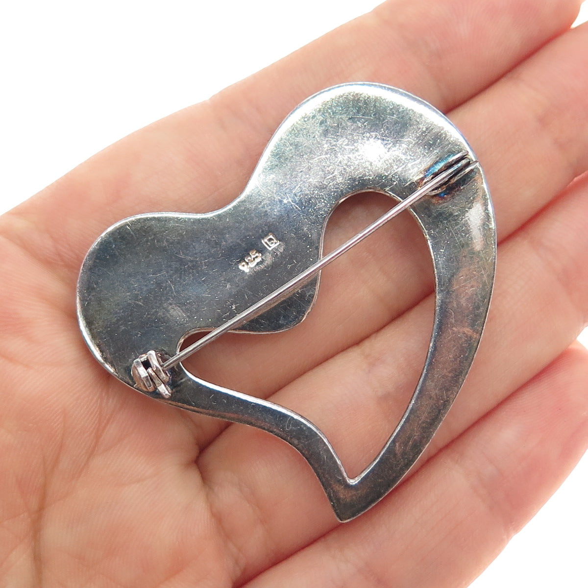 BOMA 925 Sterling Silver Vintage Modernist Heart Oxidized Pin Brooch