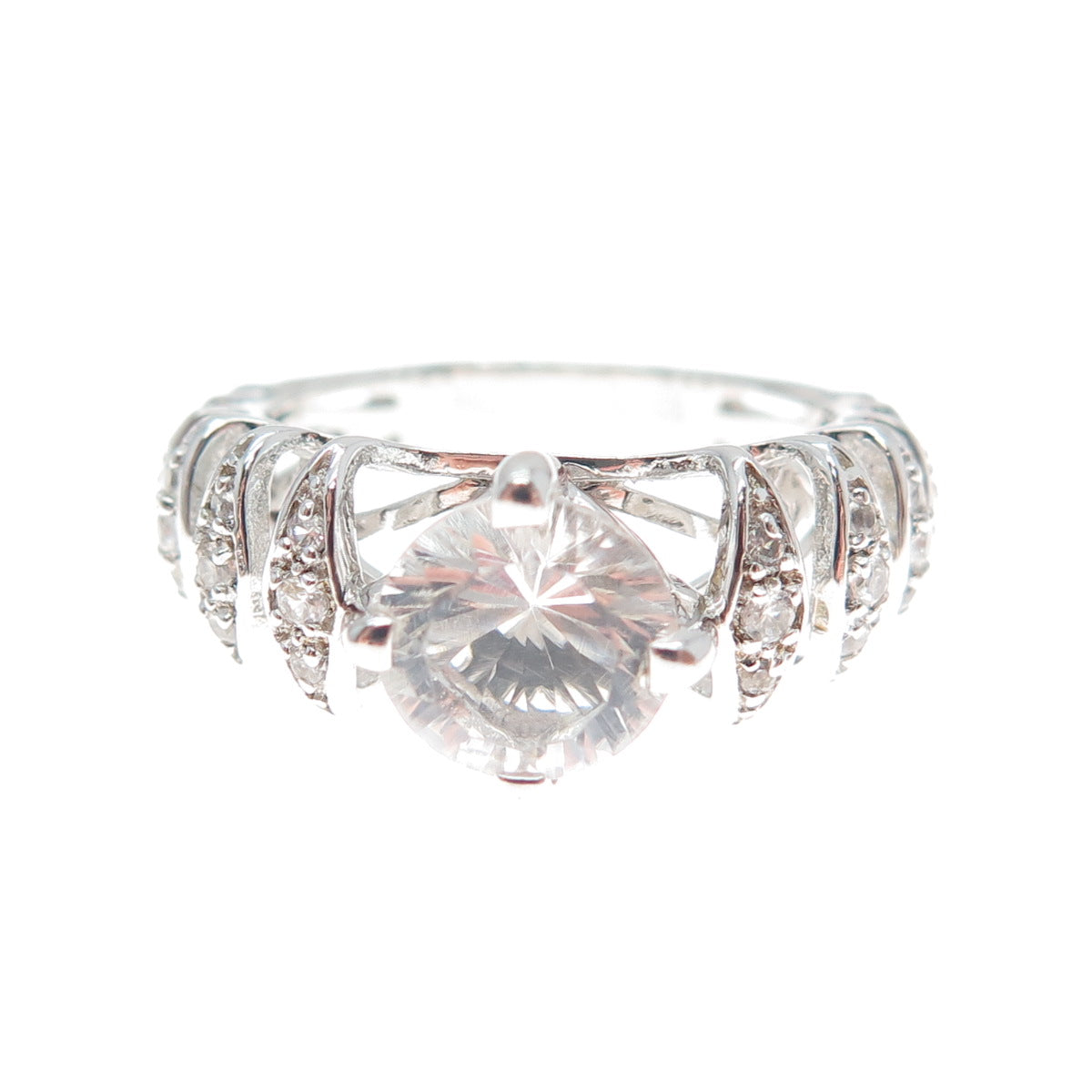 CHUCK CLEMENCY 925 Sterling Silver Real Round-Cut White Topaz C Z Ring Size 7.5