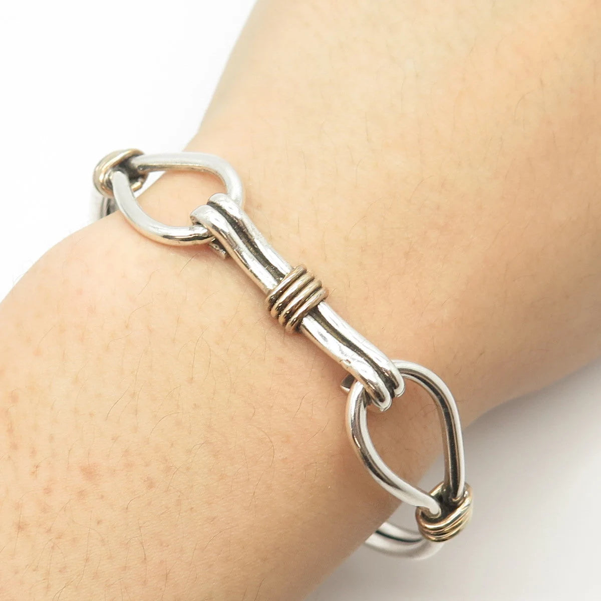 925 Sterling Silver 2-Tone Vintage Hook & Eye Bangle Bracelet 7"