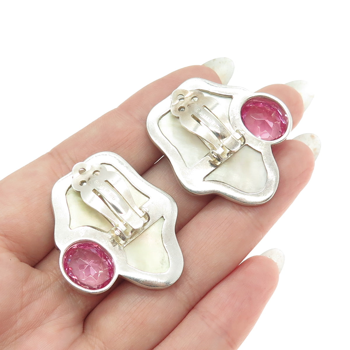 925 Sterling Silver Vintage Lab-Created Pink Sapphire & MOP Clip On Earrings