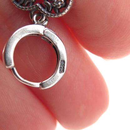 925 Sterling Silver Round-Cut C Z Ornate Heart Charm Hoop Earrings