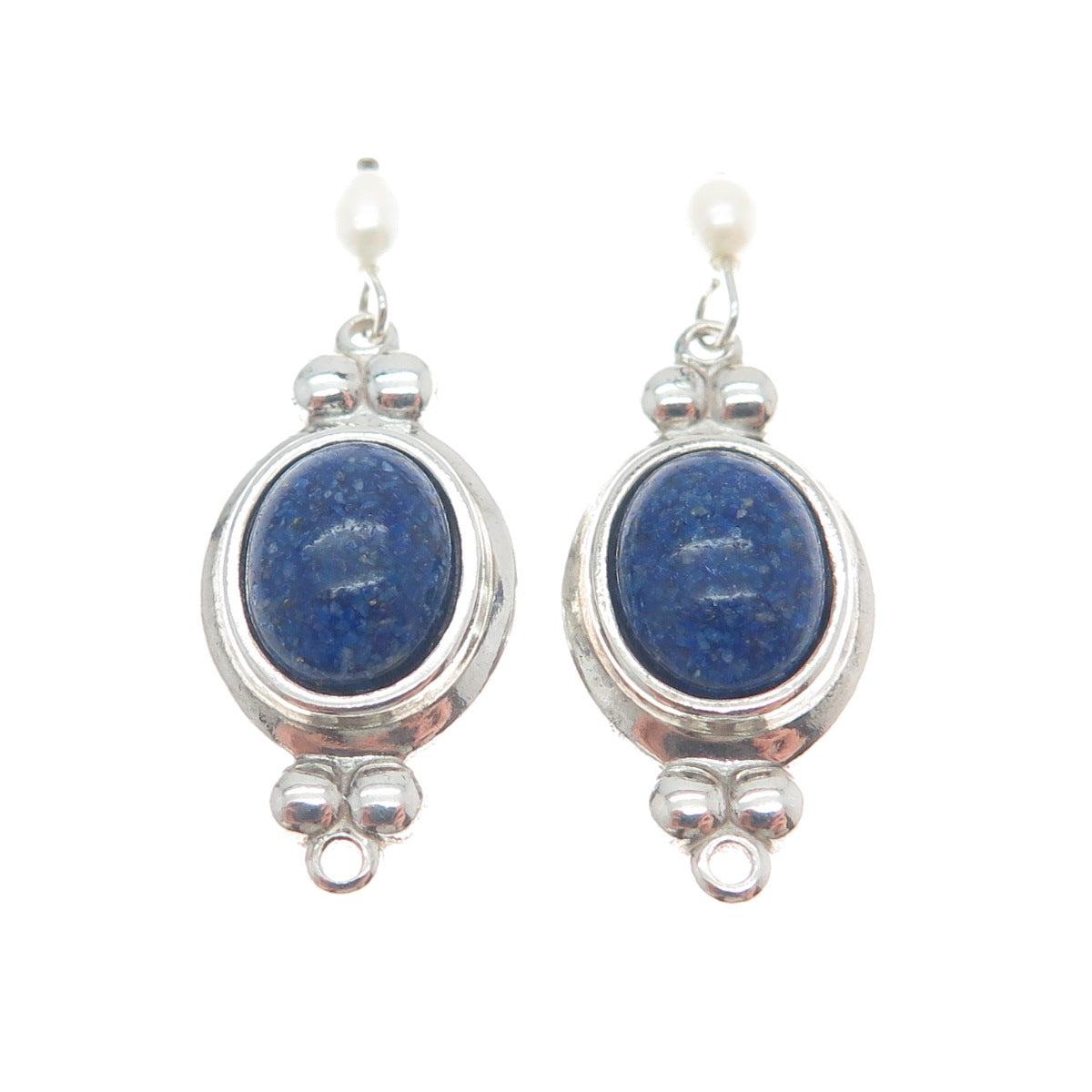 COLEMAN CO. 925 Sterling Silver Vintage Real Lapis Inlay & Pearl Jacket Earrings