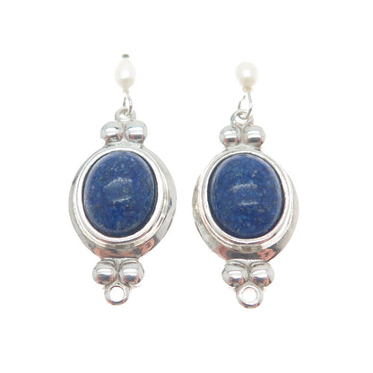 COLEMAN CO. 925 Sterling Silver Vintage Real Lapis Inlay & Pearl Jacket Earrings
