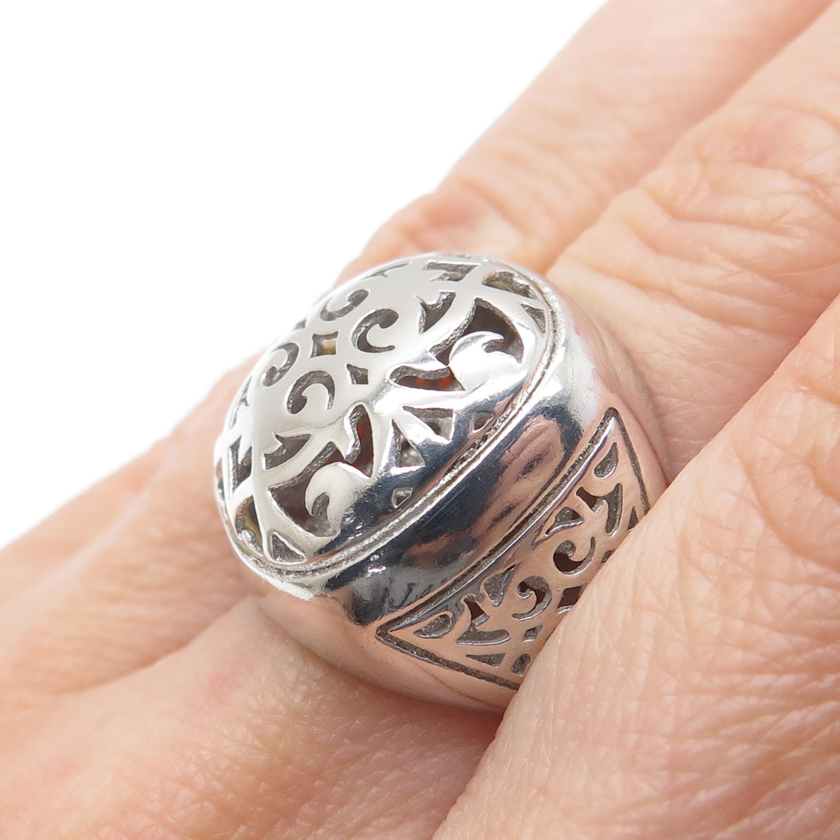 925 Sterling Silver Italy Modernist Floral Scroll Dome Ring Size 6.25